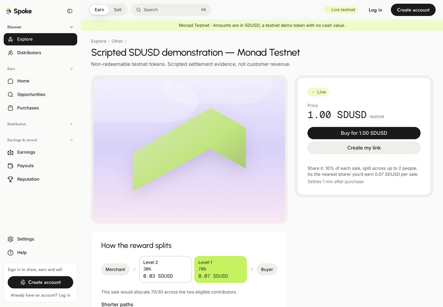 Public Spoke campaign showing a 1 SDUSD price and a 10 percent reward across two levels