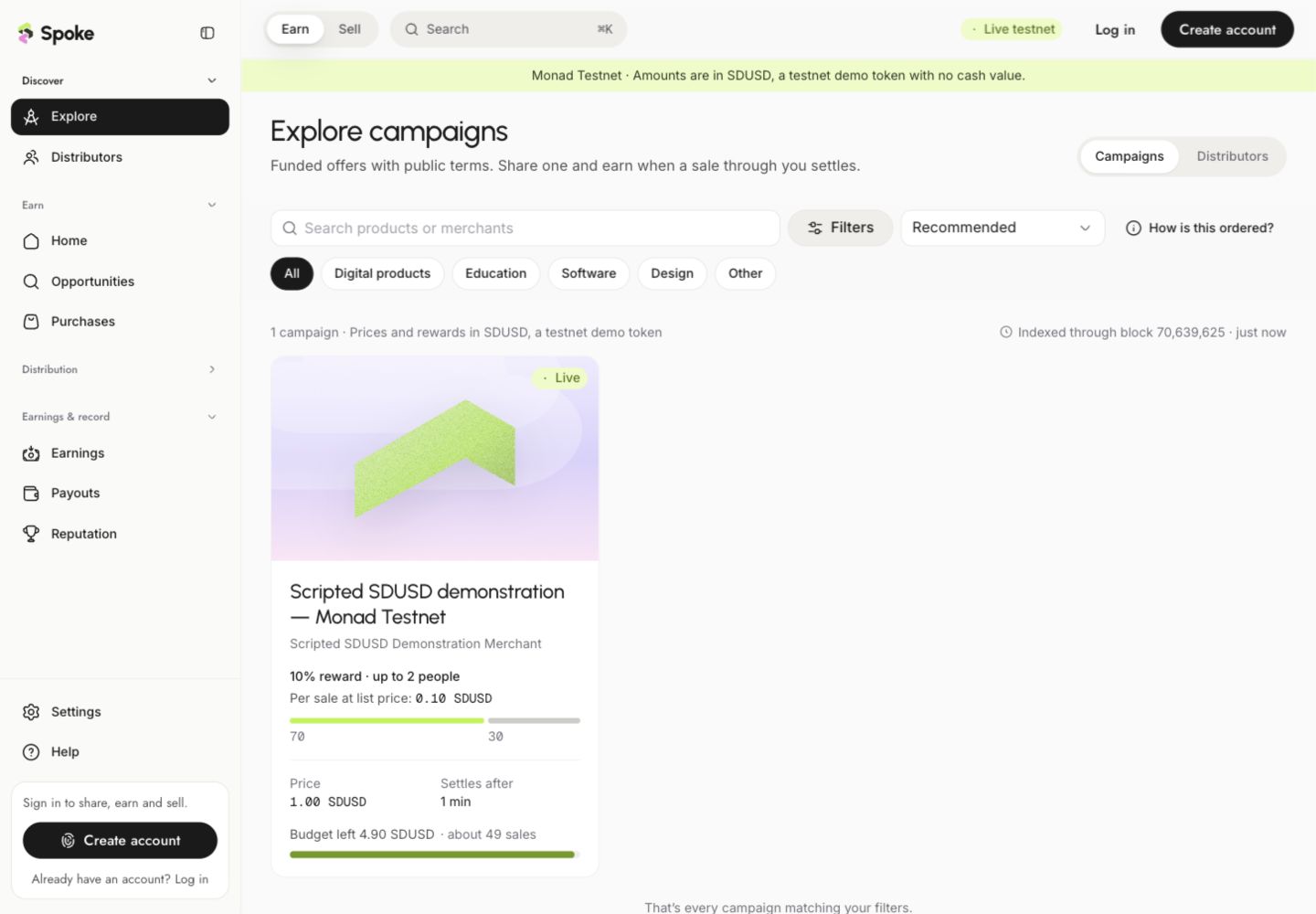 Spoke Explore with grouped navigation and testnet campaign cards