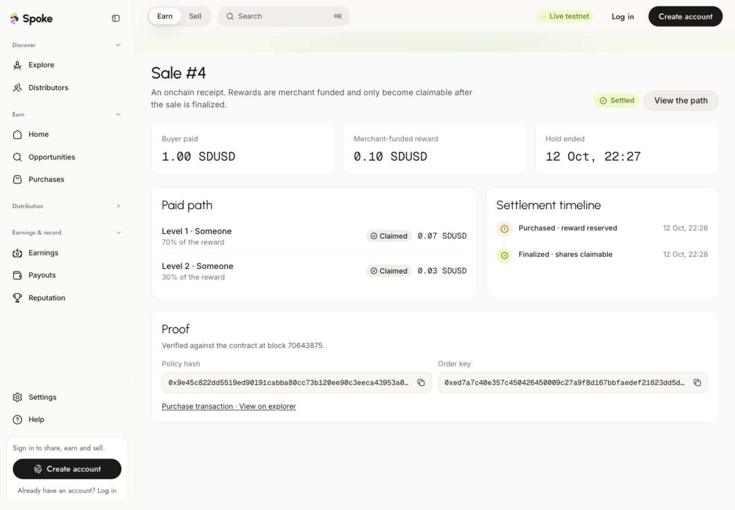 Spoke sale receipt with claimed reward allocations, settlement timeline, policy hash, order key, and explorer link