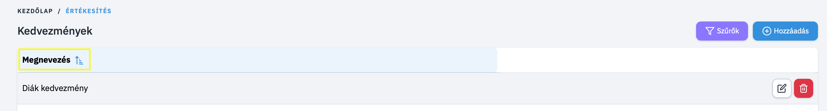 Kedvezmények Megjelenített Oszlop