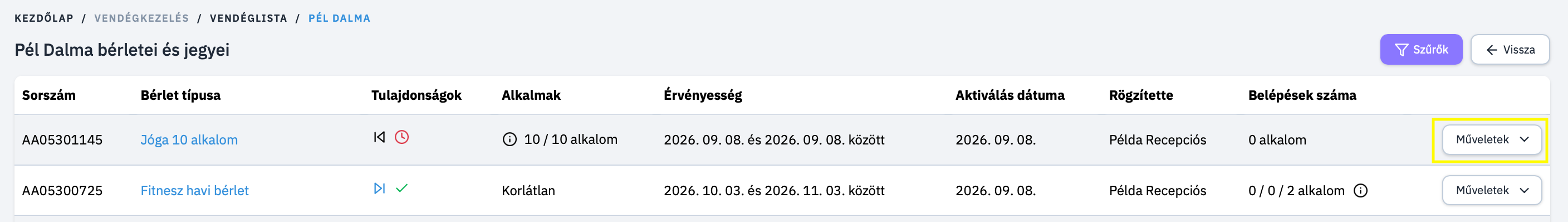 Műveletek Jegybérlet