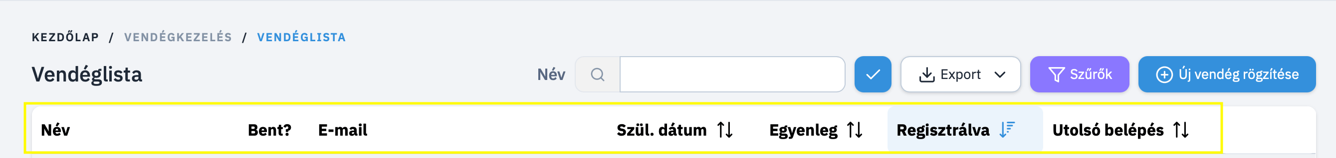 Vendéglista Megjelenített Oszlopok