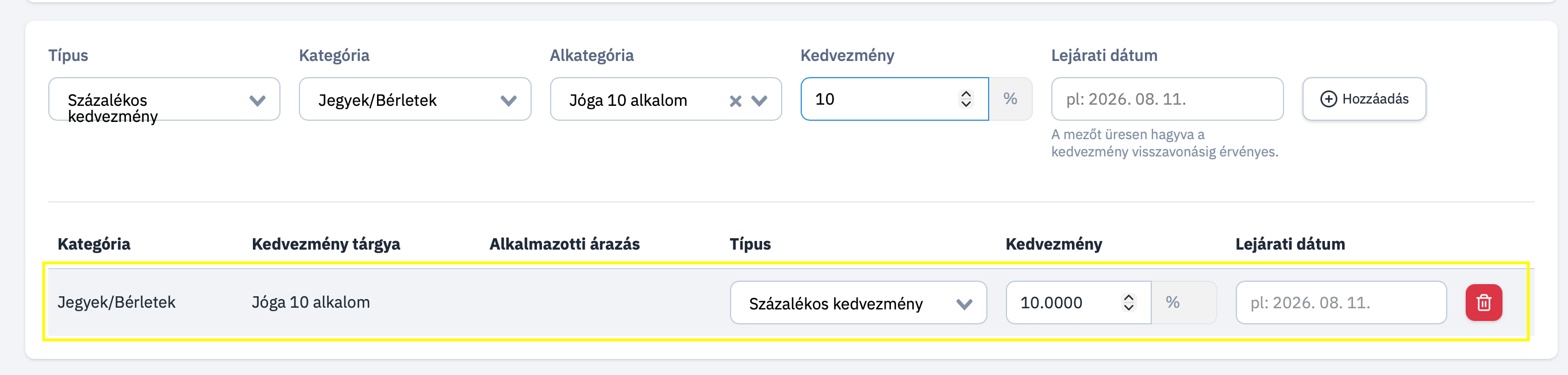 Kedvezmény Hozzáadva