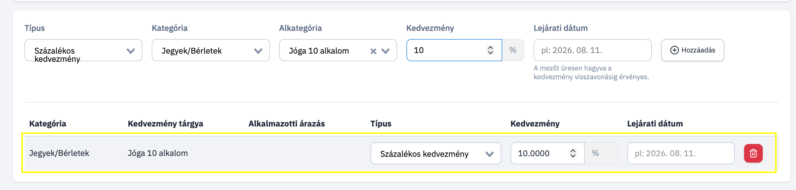 Kedvezmény Hozzáadva