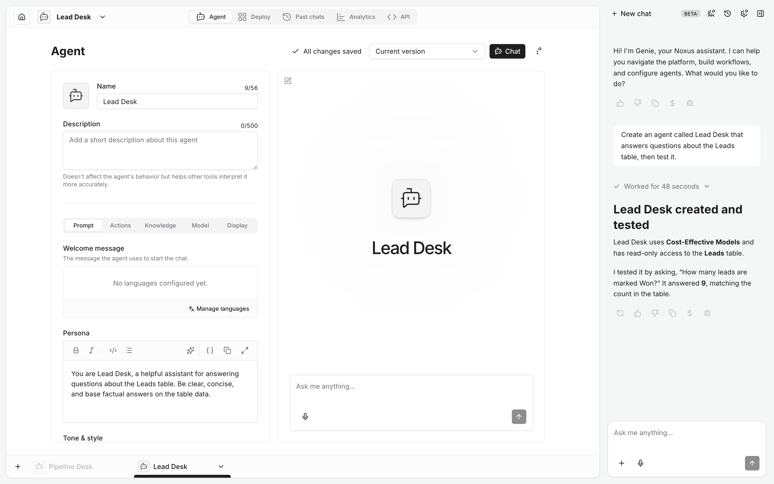 A new agent created by Genie, open on its page, with Genie's test report in the panel