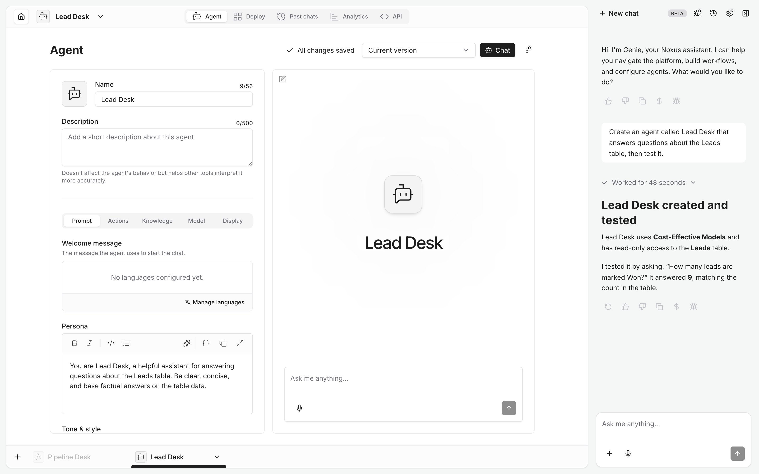 A new agent created by Genie, open on its page, with Genie's test report in the panel