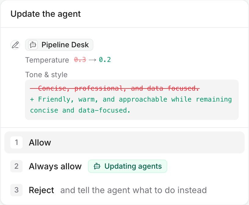 An Update the agent card showing the temperature and tone before and after