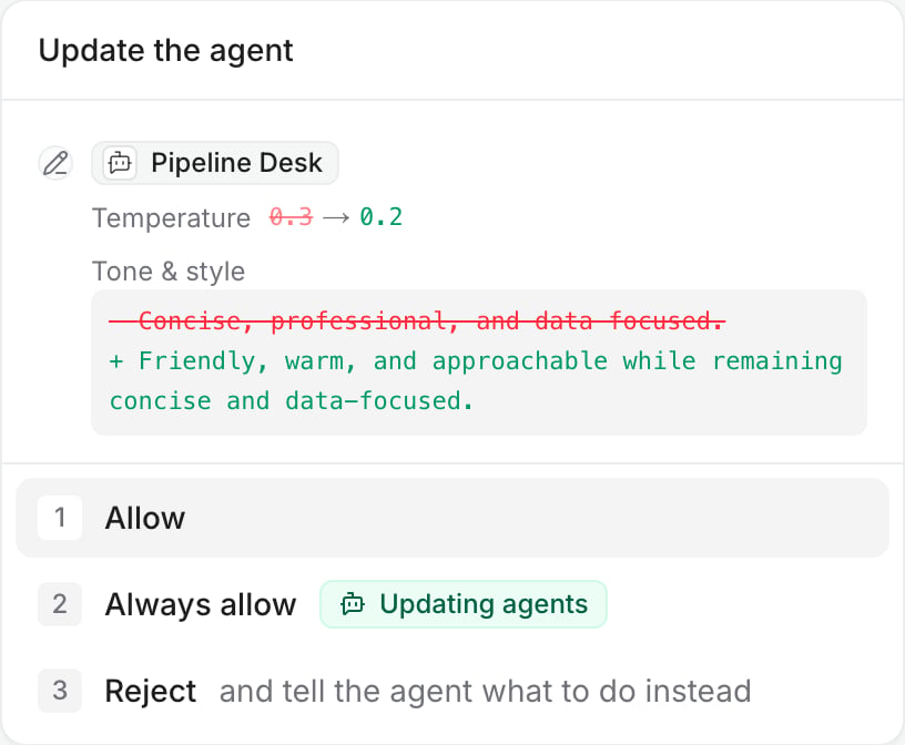 An Update the agent card showing the temperature and tone before and after