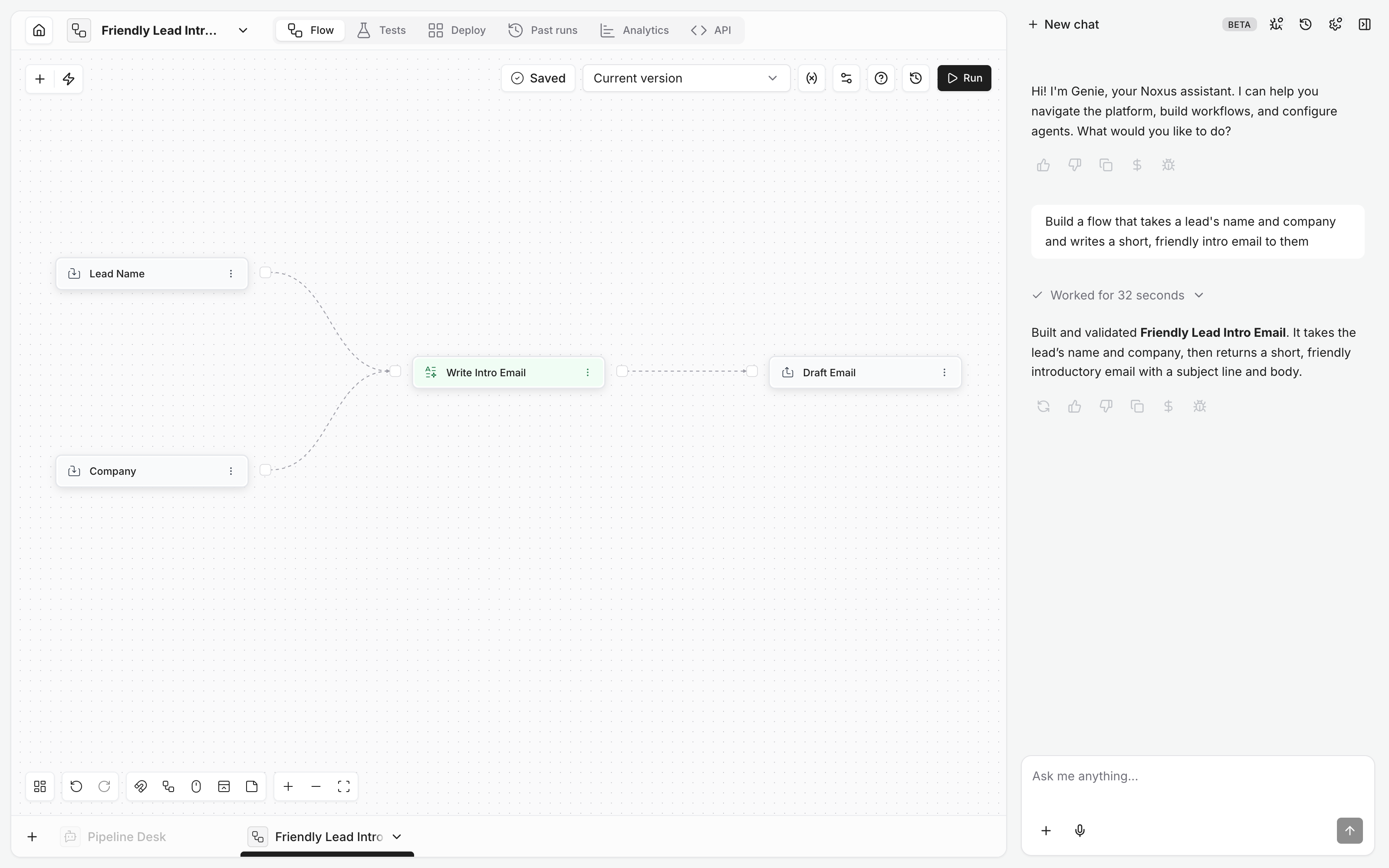 A flow built by Genie open in the editor, with Genie's report in the panel