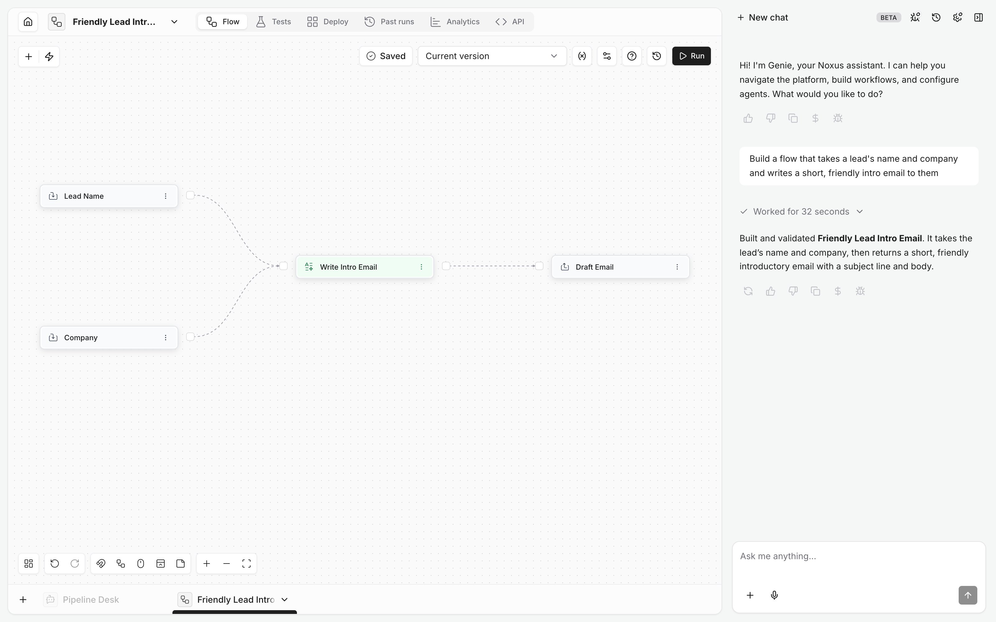 A flow built by Genie open in the editor, with Genie's report in the panel