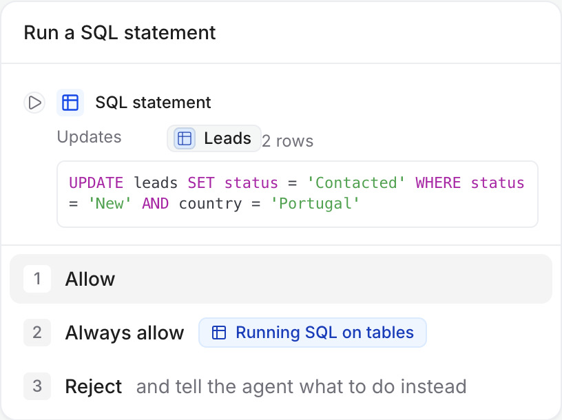 A Run a SQL statement card that updates 2 rows of Leads