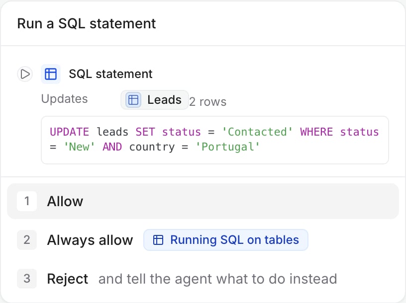 A Run a SQL statement card that updates 2 rows of Leads