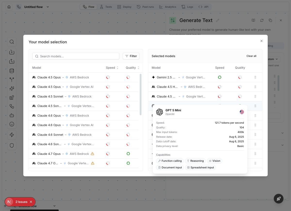 Model selection modal with search, filters, speed and quality gauges