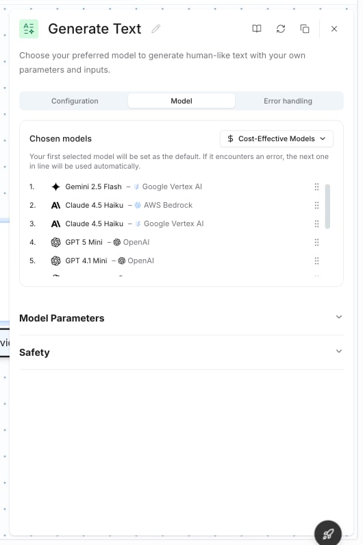 Model picker showing a preset with fallback chain