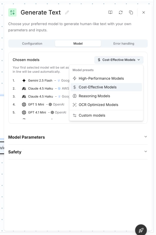 Preset dropdown showing available presets
