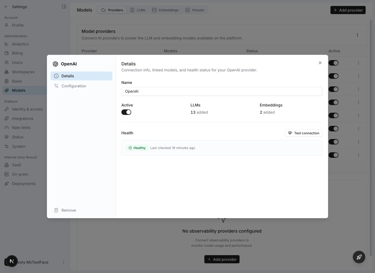 Provider details drawer showing health status and test connection