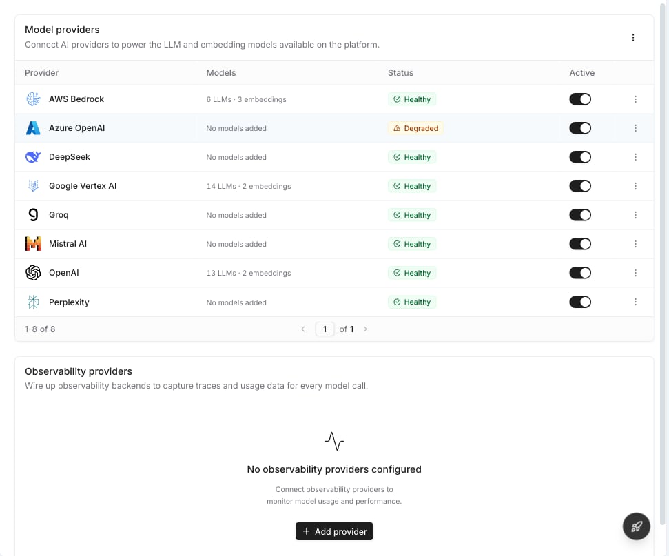 Providers tab showing connected providers with health status