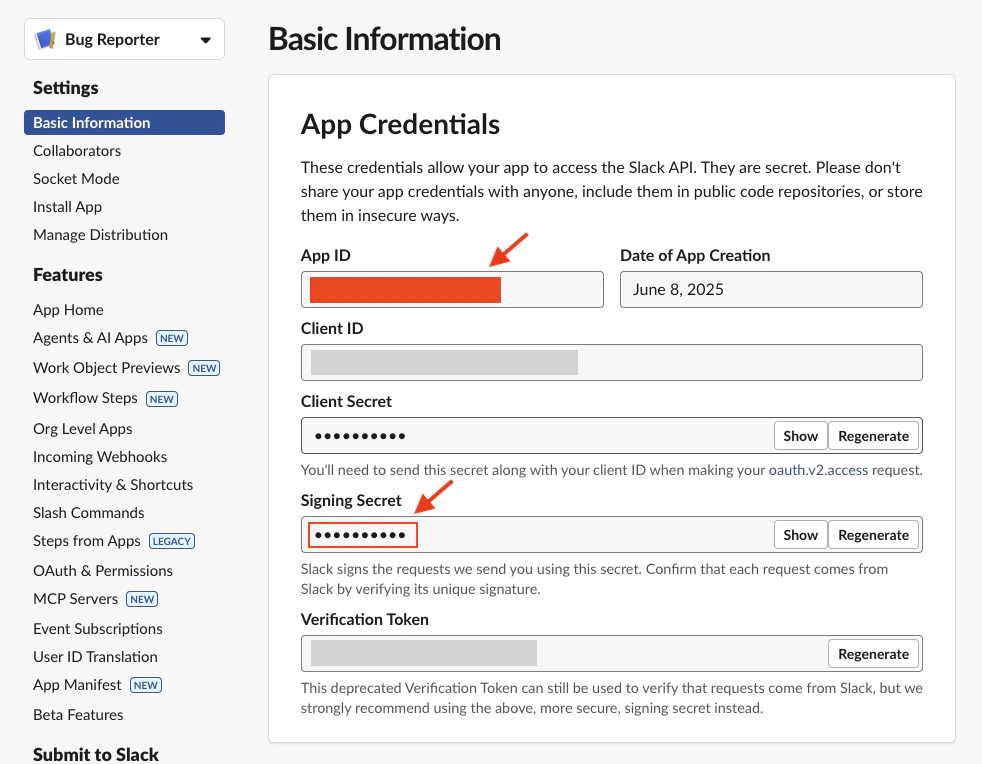 Slack Basic Information — App ID and Signing Secret