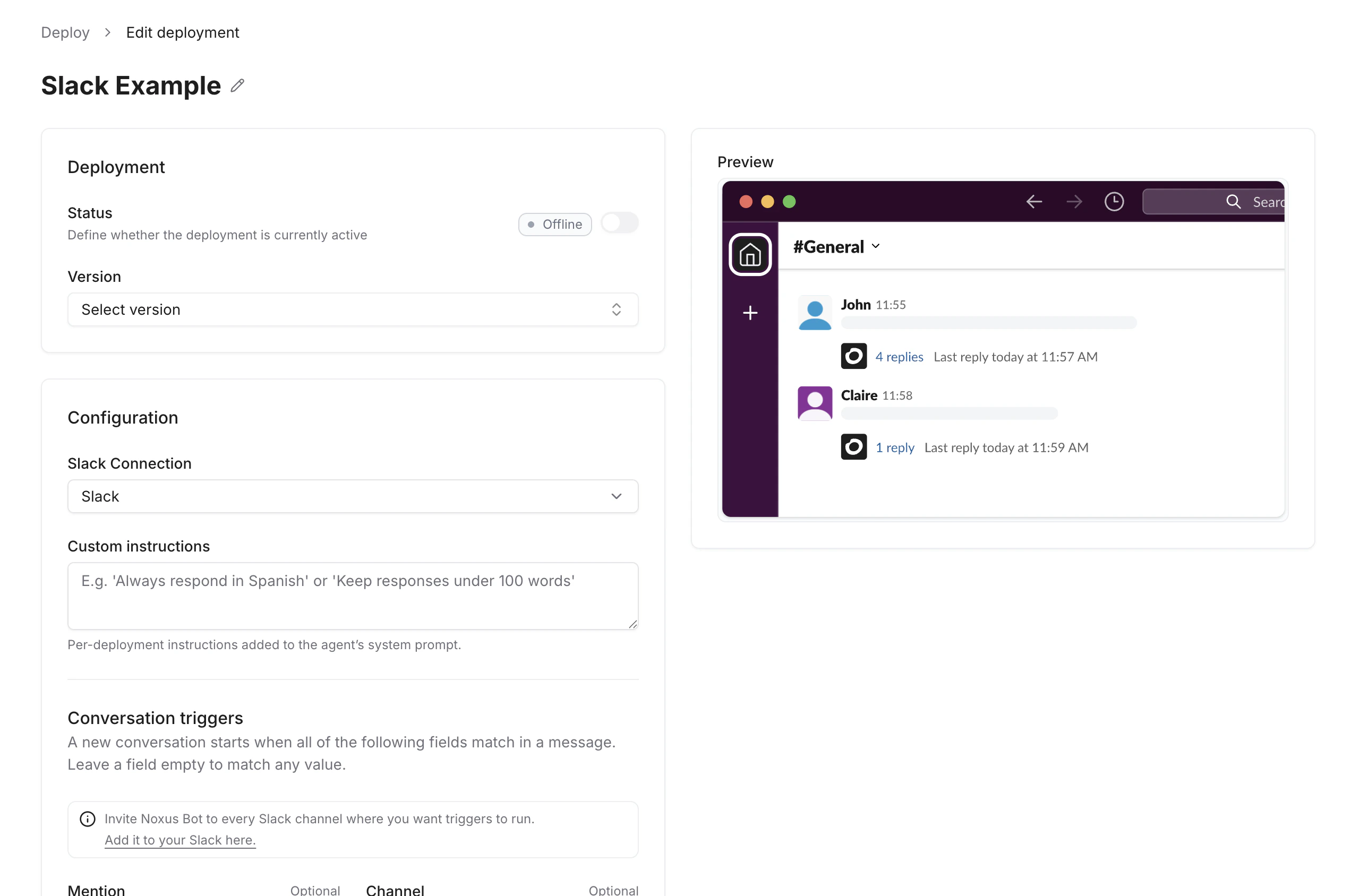 Slack deployment settings