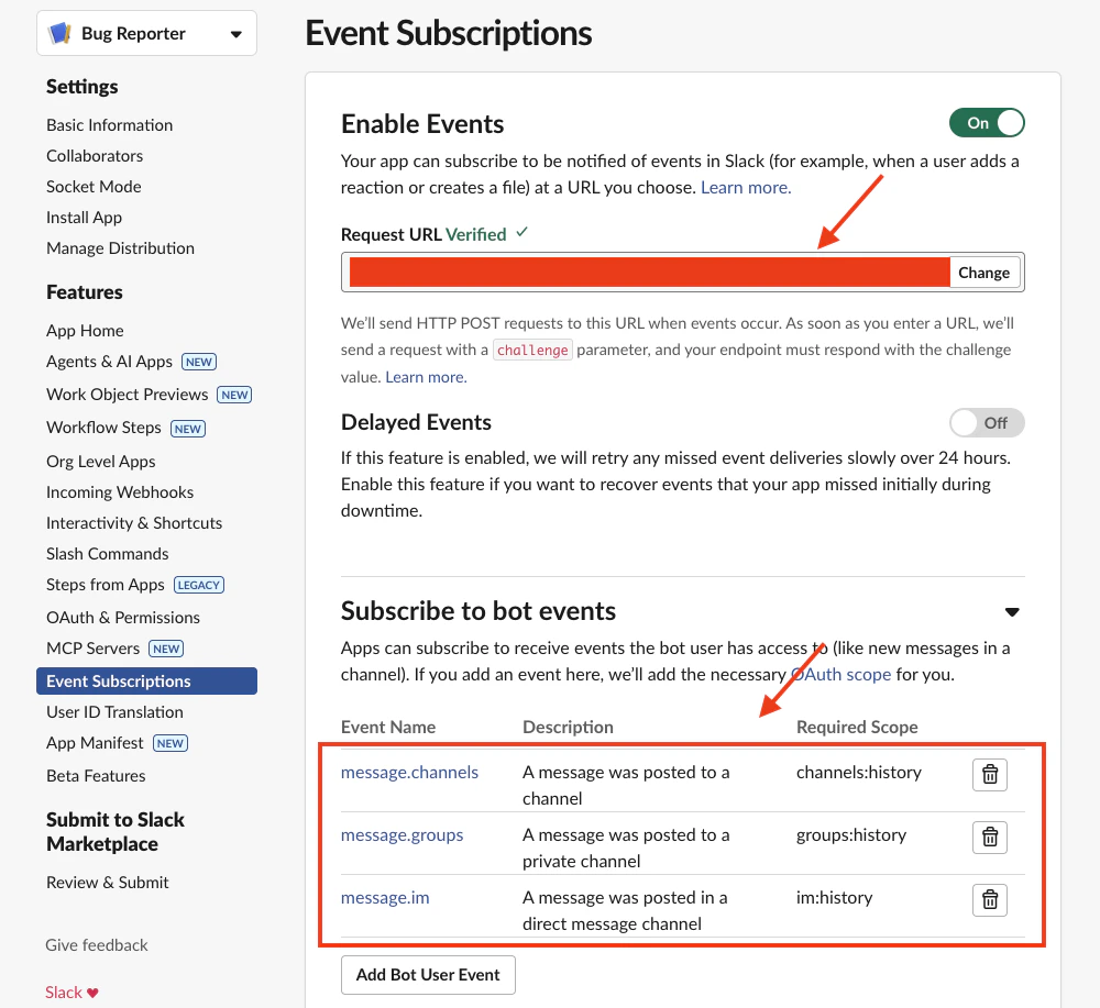 Slack Event Subscriptions — bot events