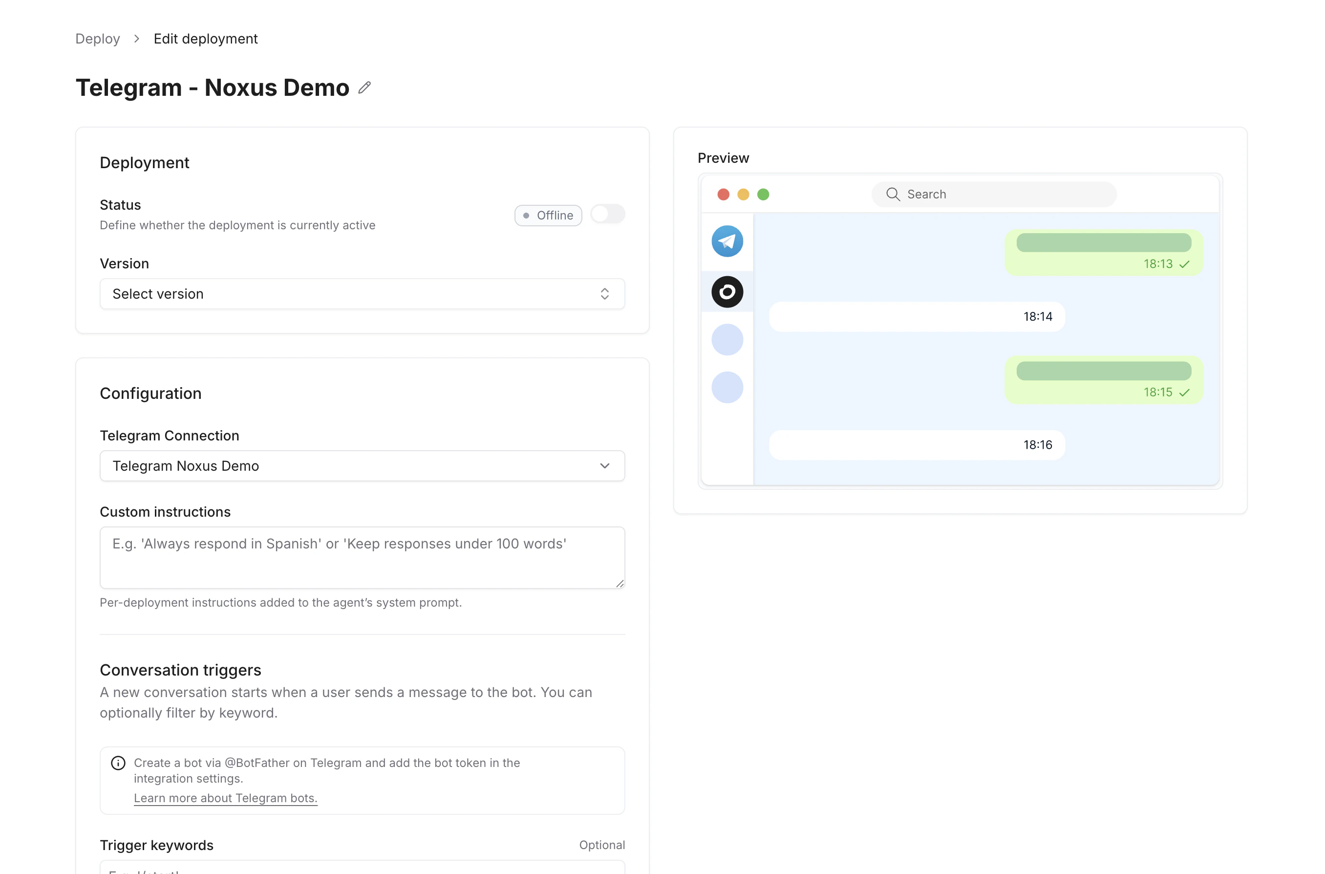 Telegram deployment settings