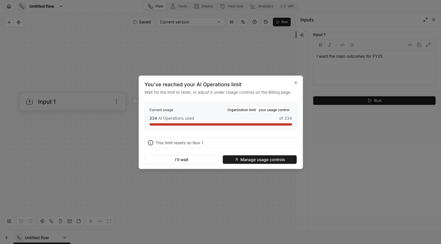 The limit dialog for an AI Operations limit set under Usage controls
