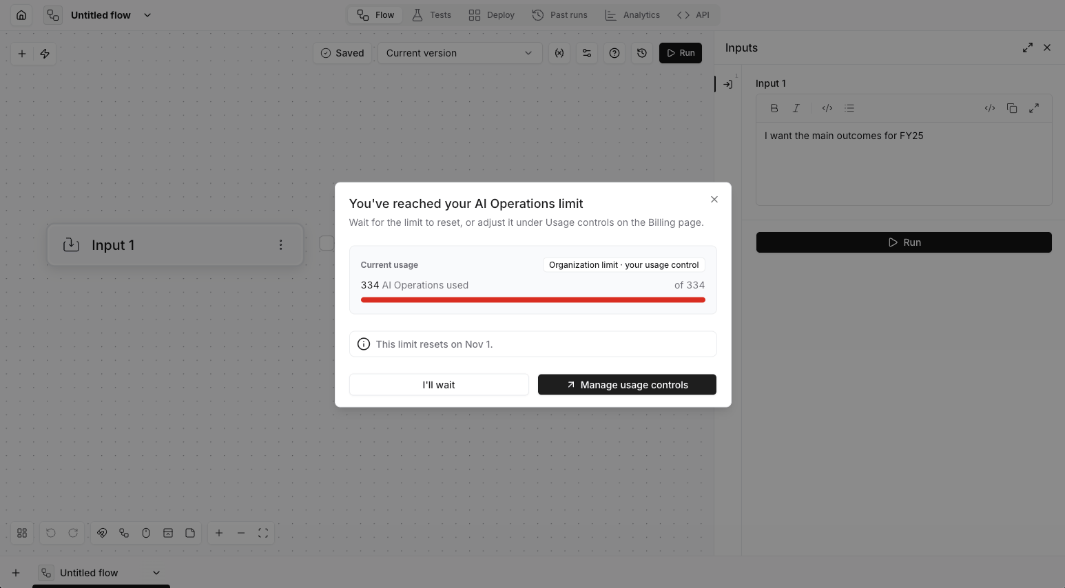 The limit dialog for an AI Operations limit set under Usage controls