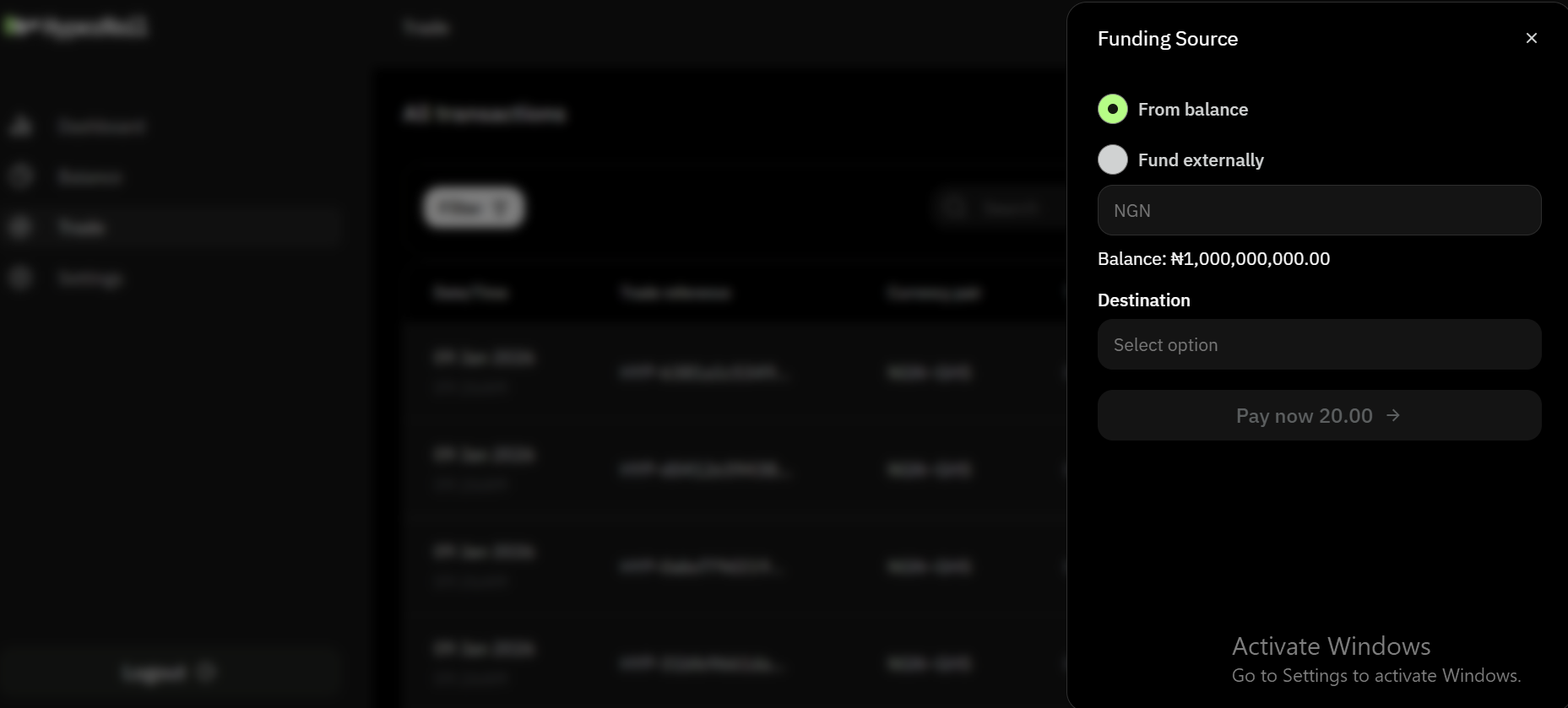 Main dashboard interface