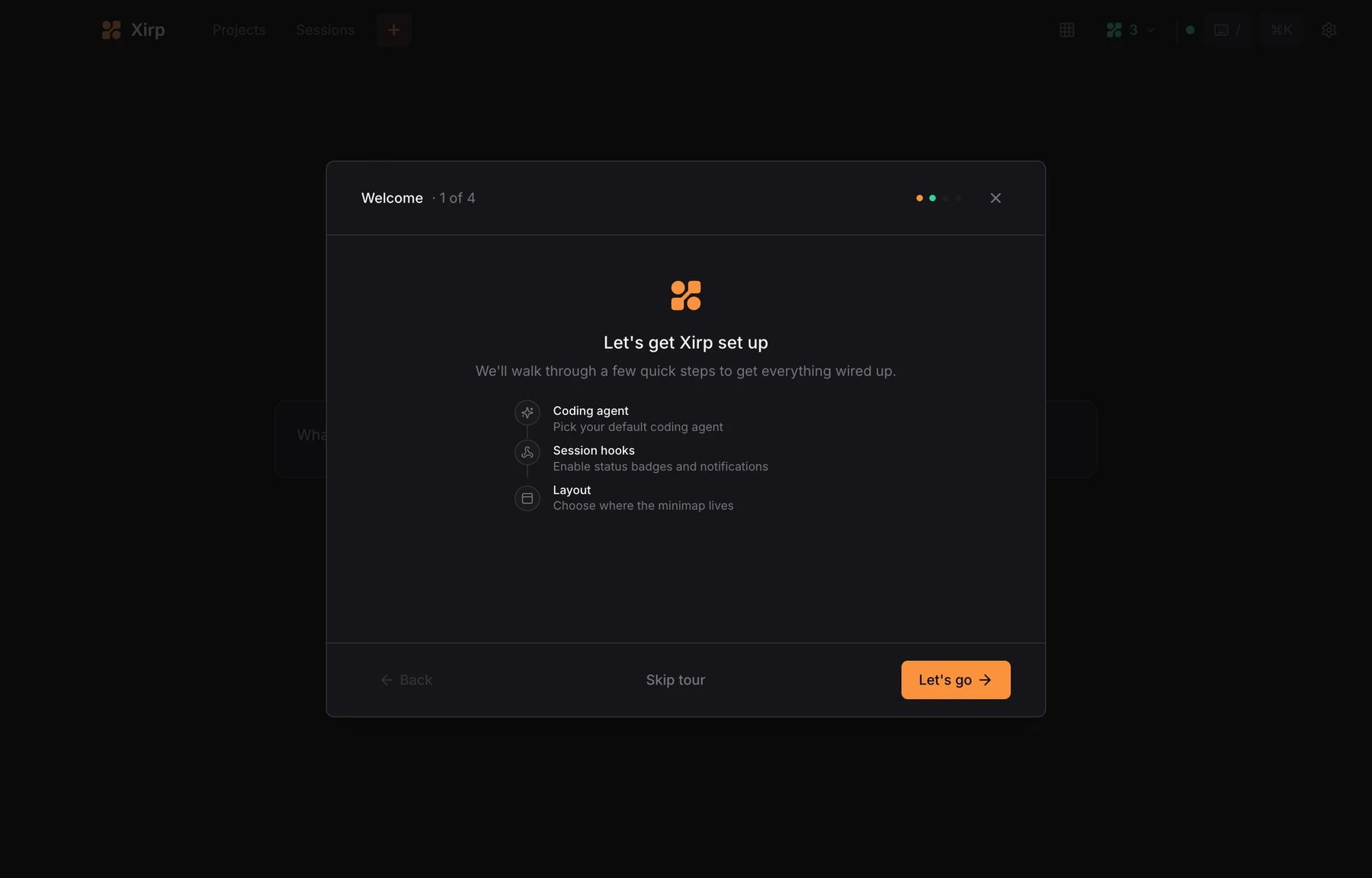 Welcome step in the Xirp onboarding tour