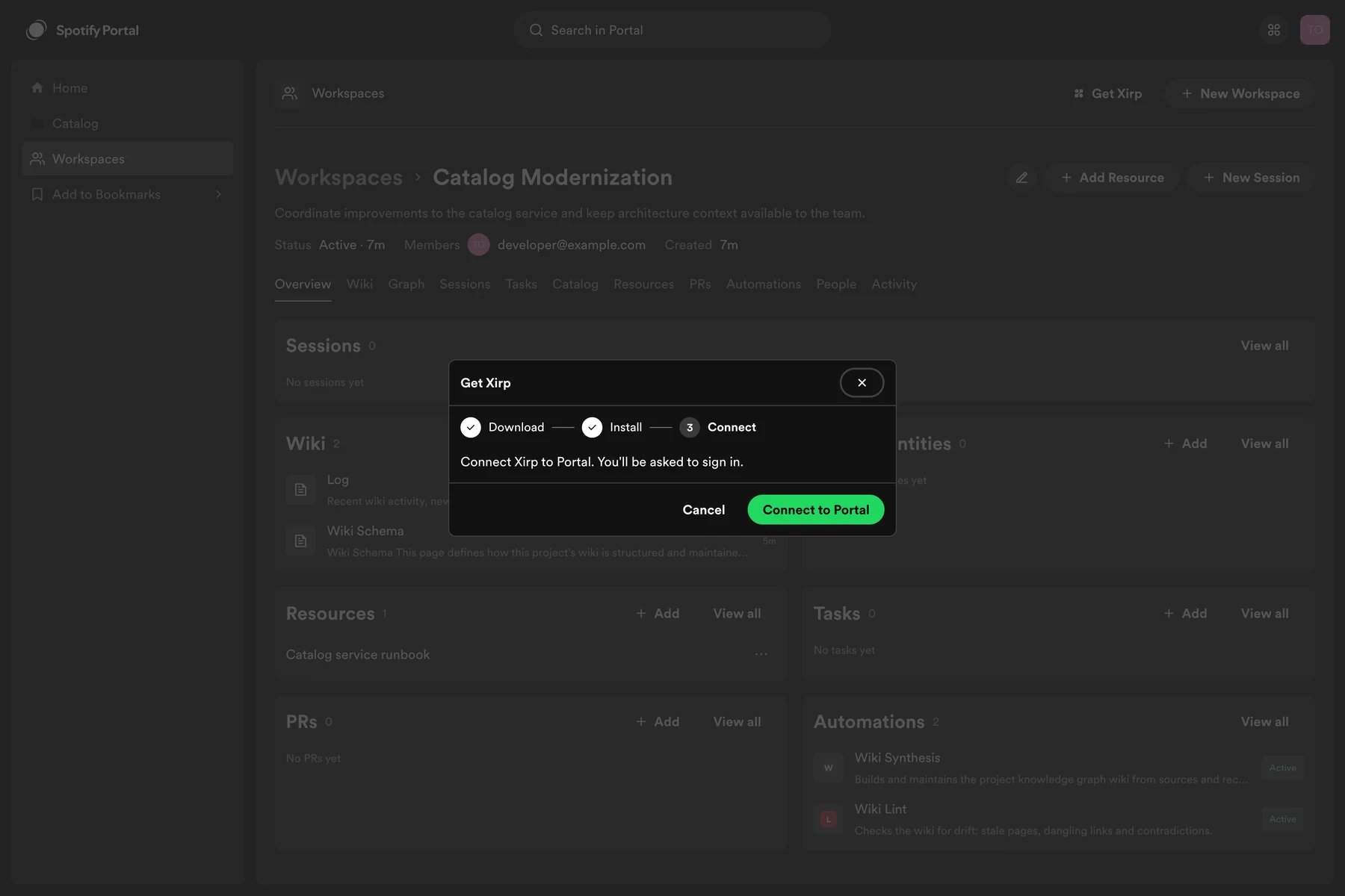 Spotify Portal interface for connecting the Xirp desktop application