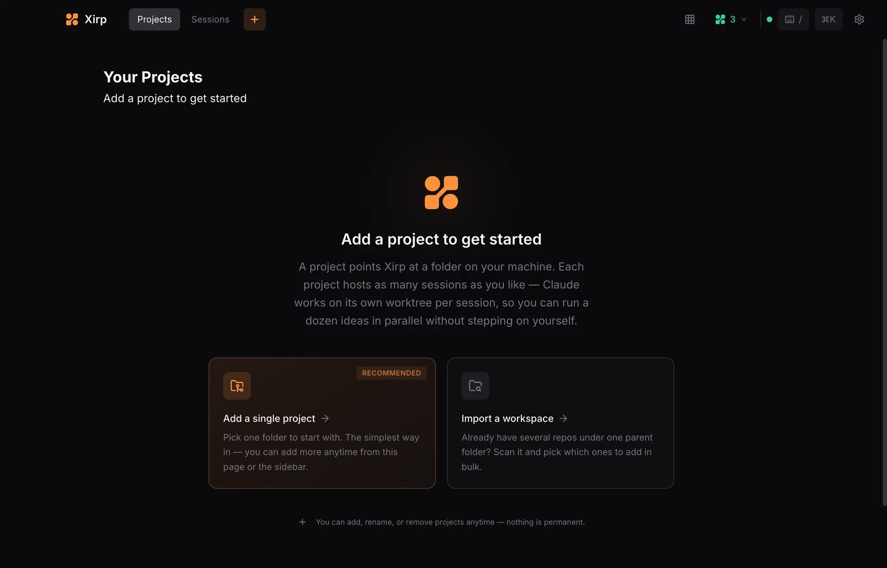 The empty Projects page