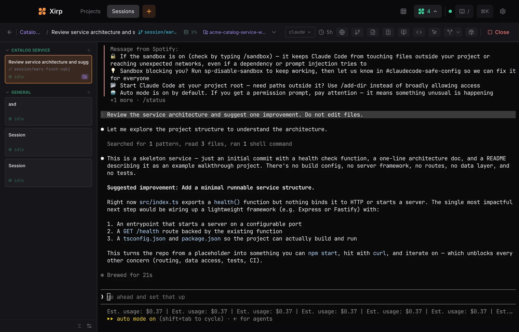 Spotify Xirp grid view showing an interactive native coding-agent terminal