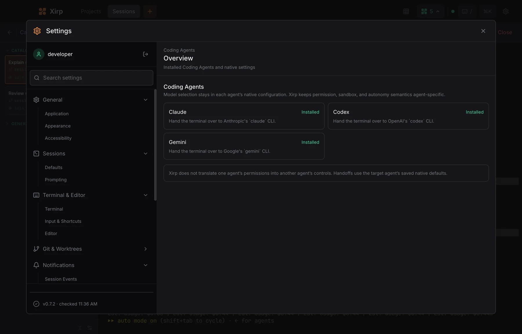 Spotify Xirp coding agent settings showing native agents configured separately