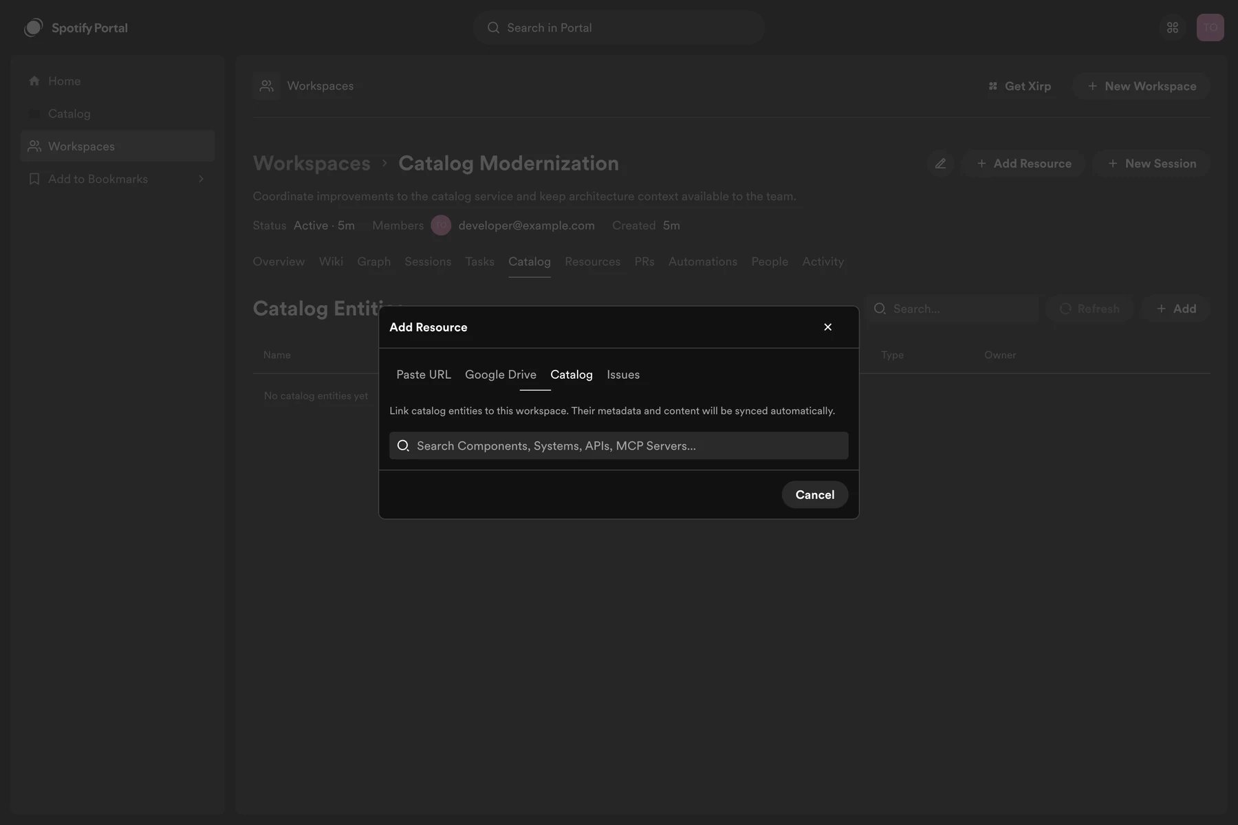 Add catalog entities to a Workspace