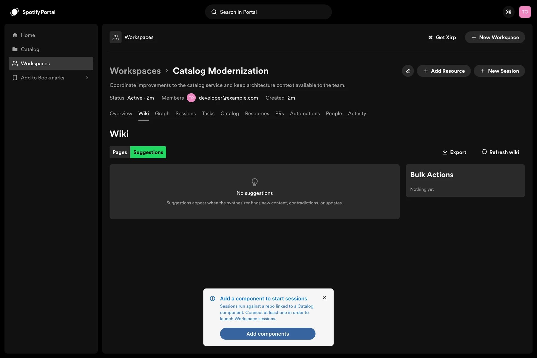 Prompt shown when a Workspace has no catalog component