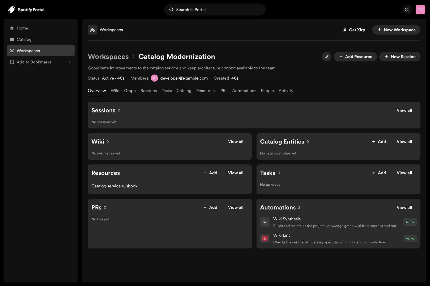 A Portal Workspace with shared project context