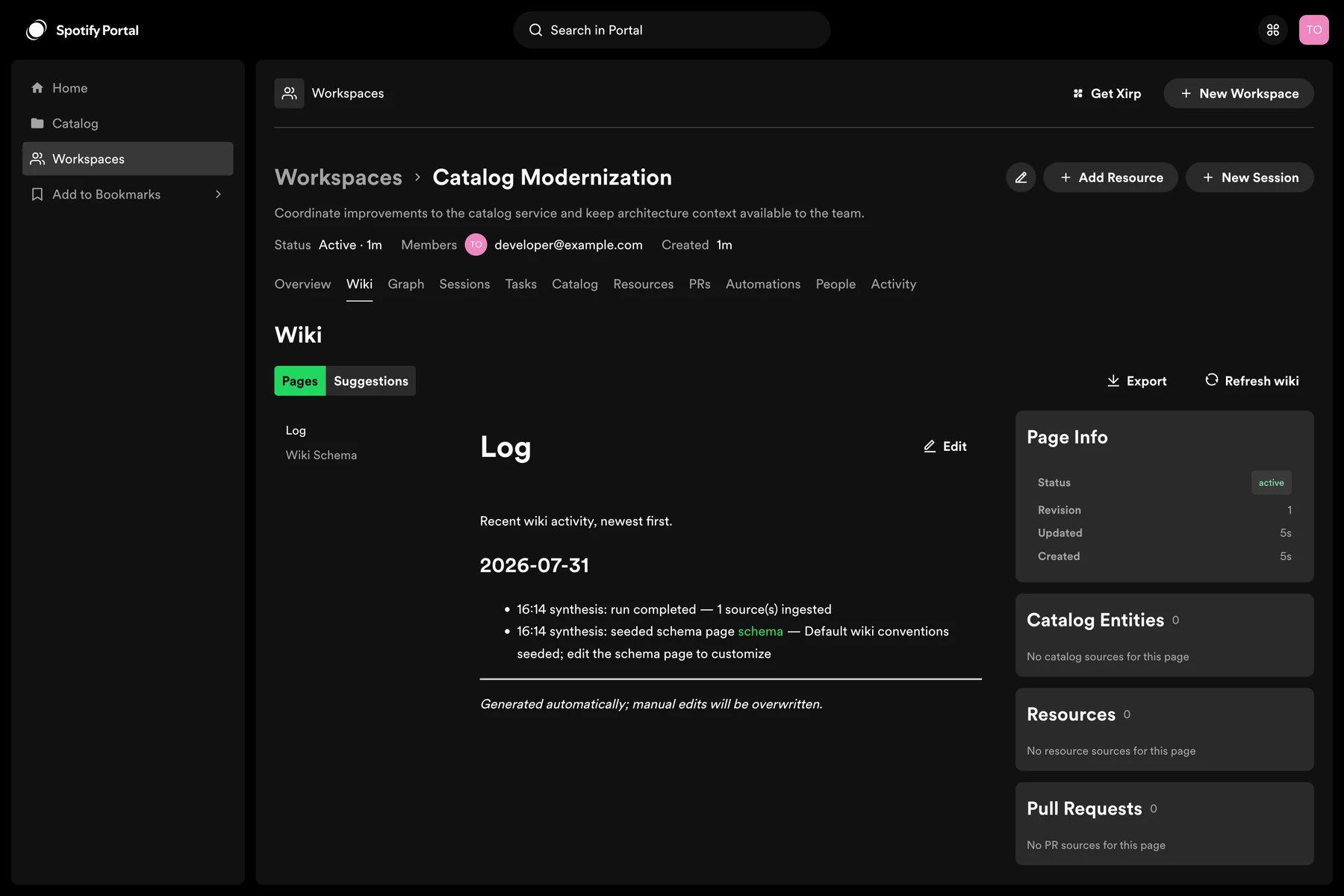 A generated Workspace wiki page and activity log