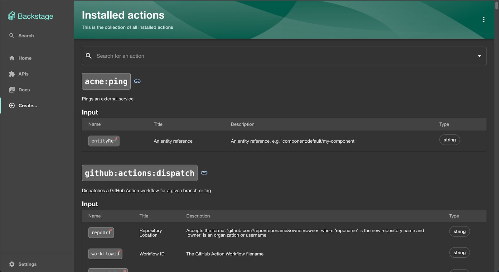 Custom scaffolder action list showing ping
action