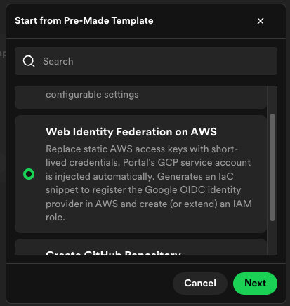 Pre-made template dialog showing Web Identity Federation on
AWS