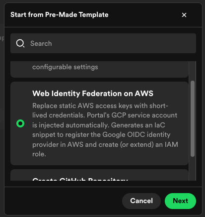 Pre-made template dialog showing Web Identity Federation on
AWS
