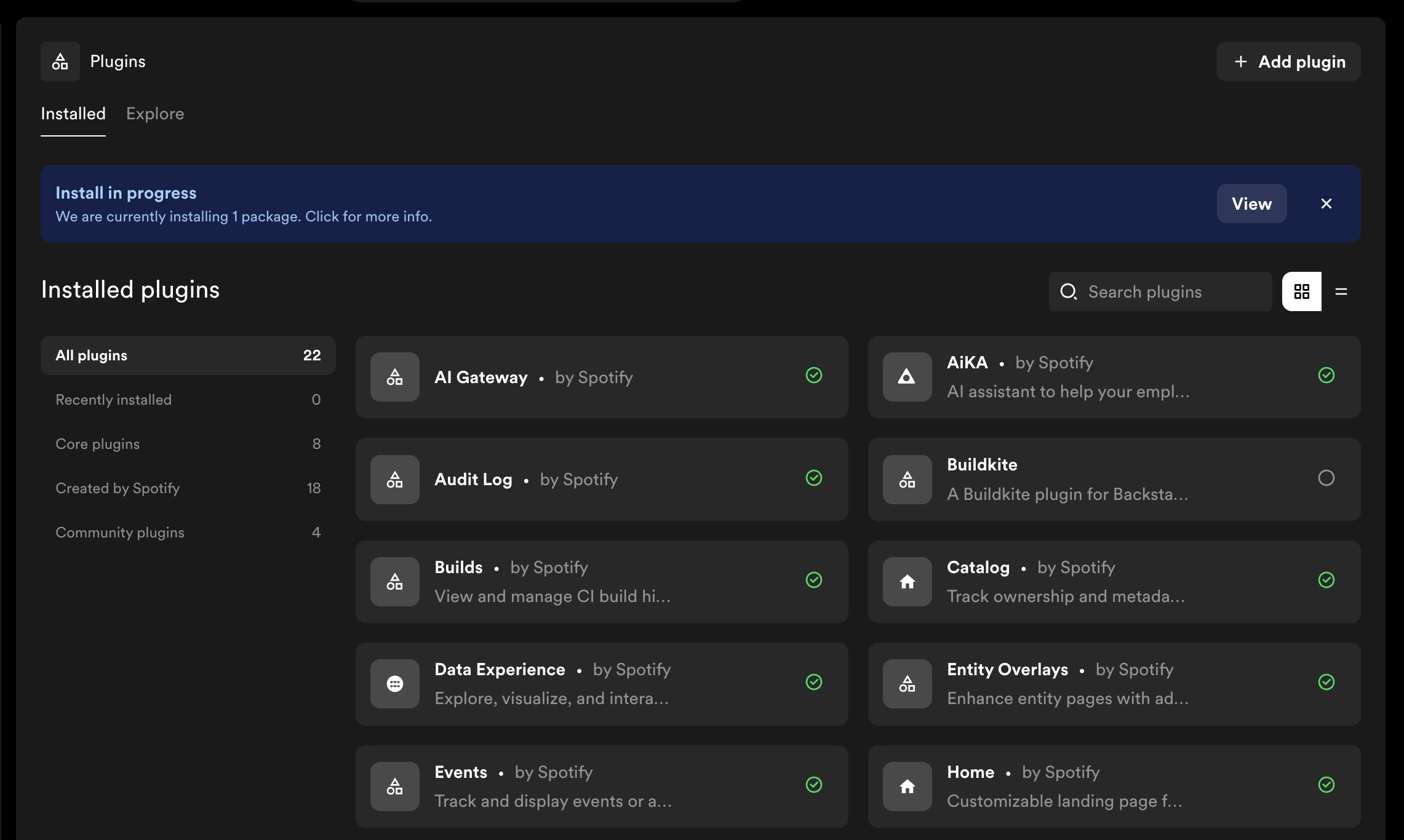 Plugin Settings banner showing an in-progress build with View
button