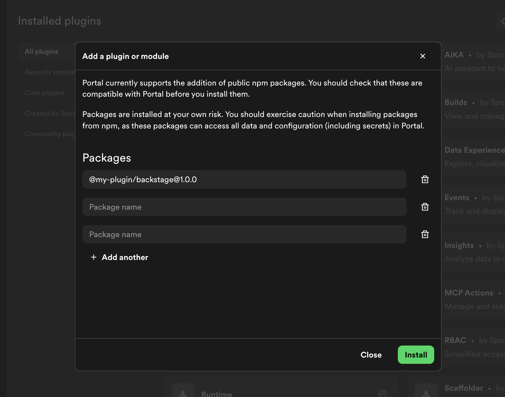 Install dialog showing package names with version
specifiers