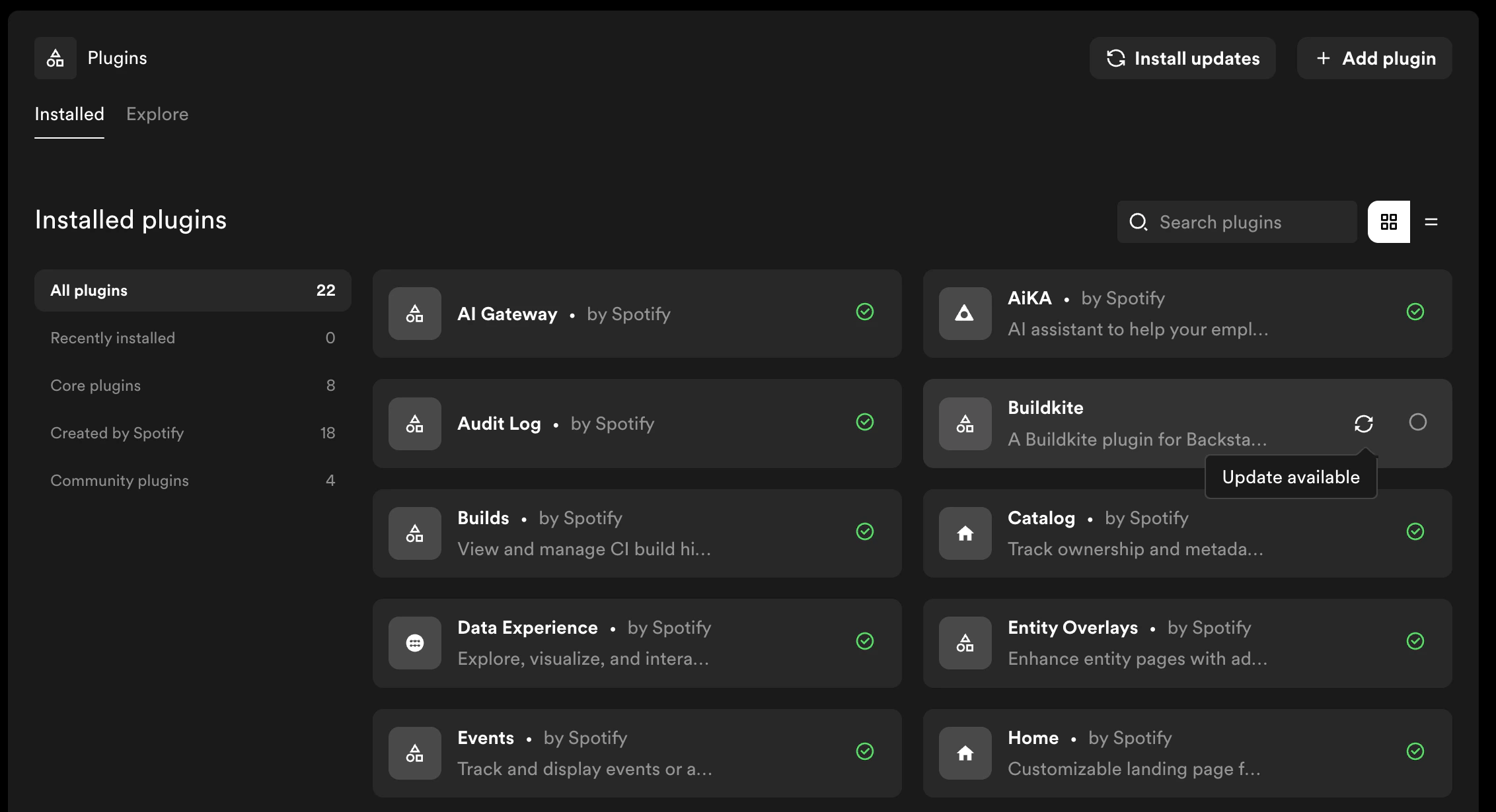 Plugin Settings showing an "Update available" indicator on a plugin
card