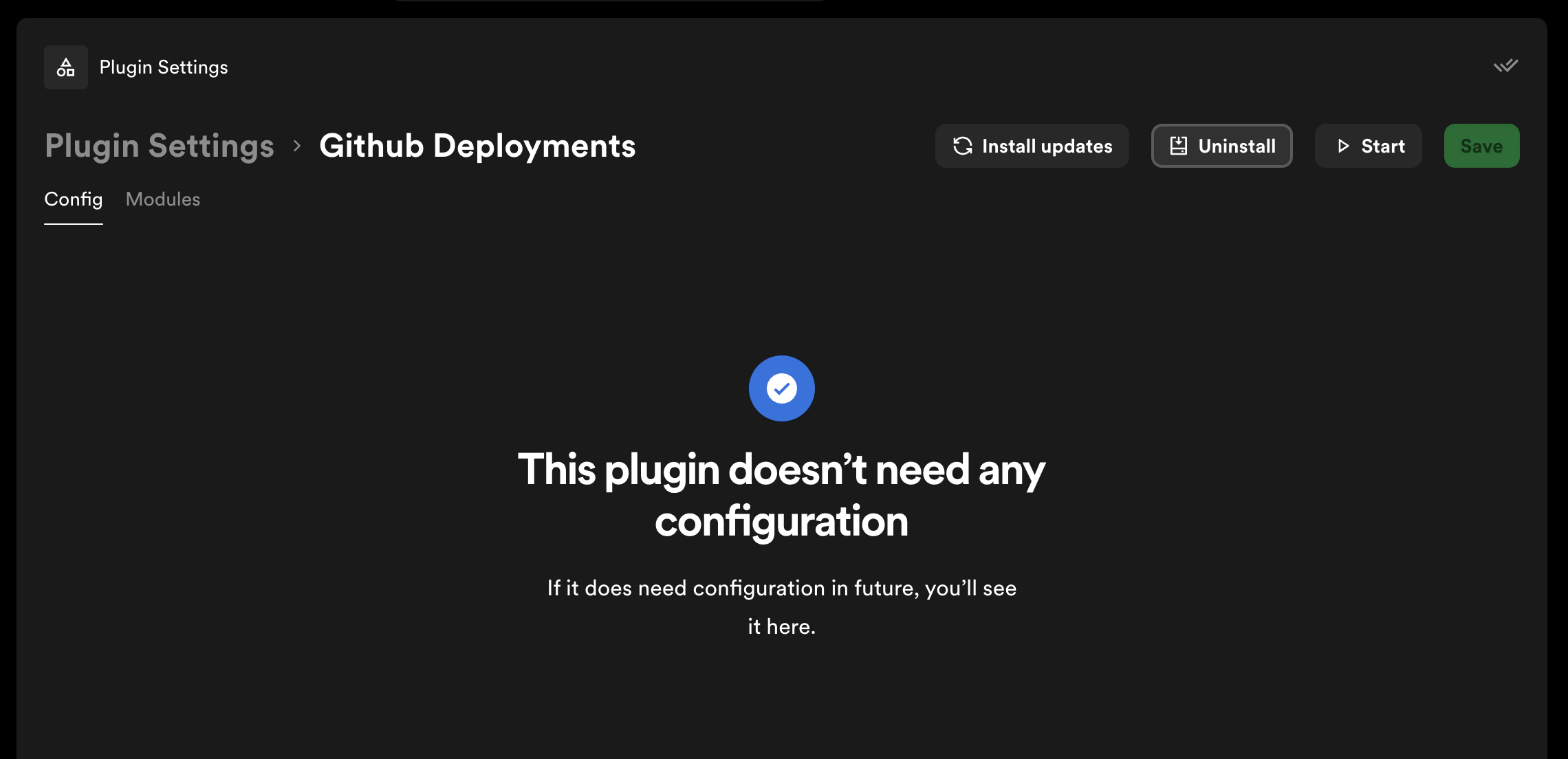 Plugin detail page with the Uninstall
button