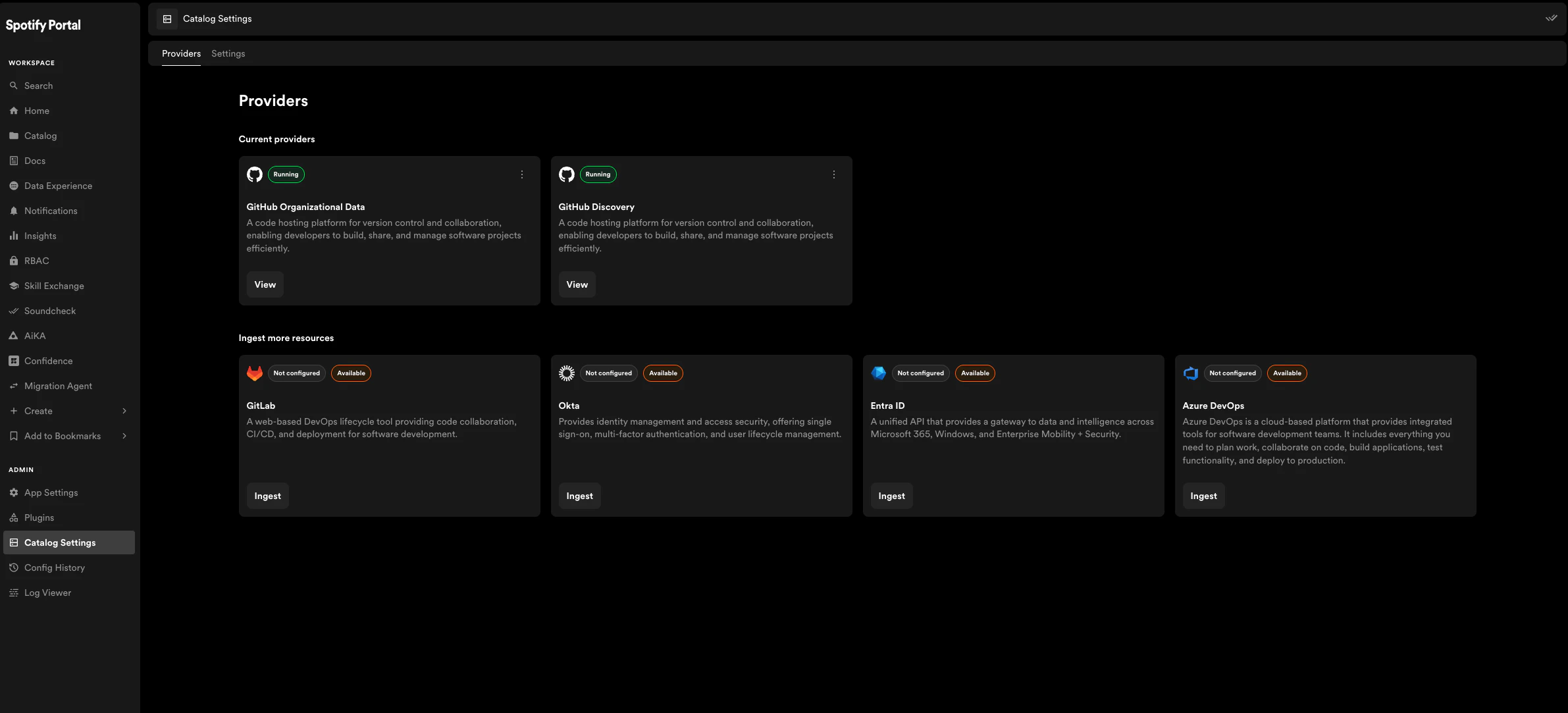 The Catalog Settings Providers
page
