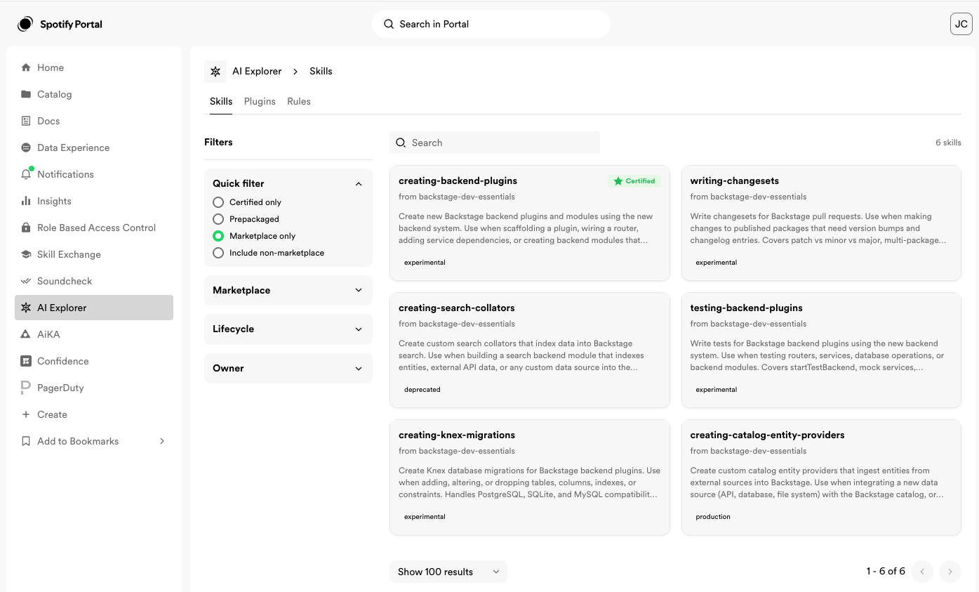 AI Explorer skills marketplace showing browsable skills with filters for certification, marketplace, lifecycle, and owner