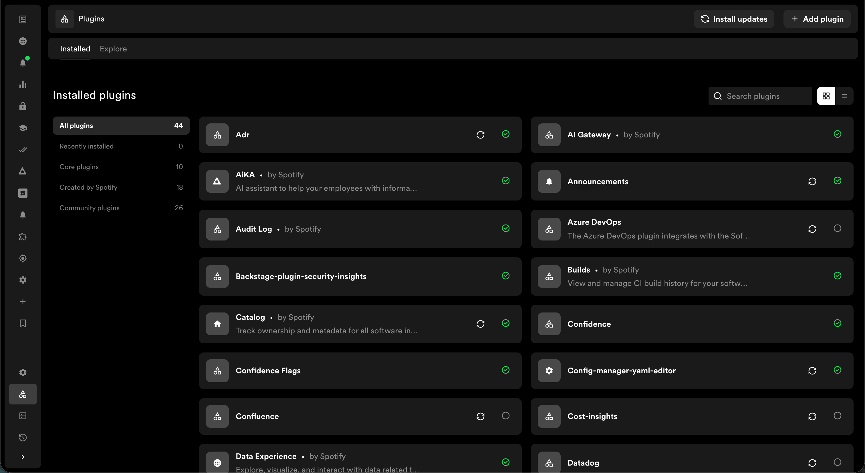 Redesigned plugin management showing installed plugins in table layout