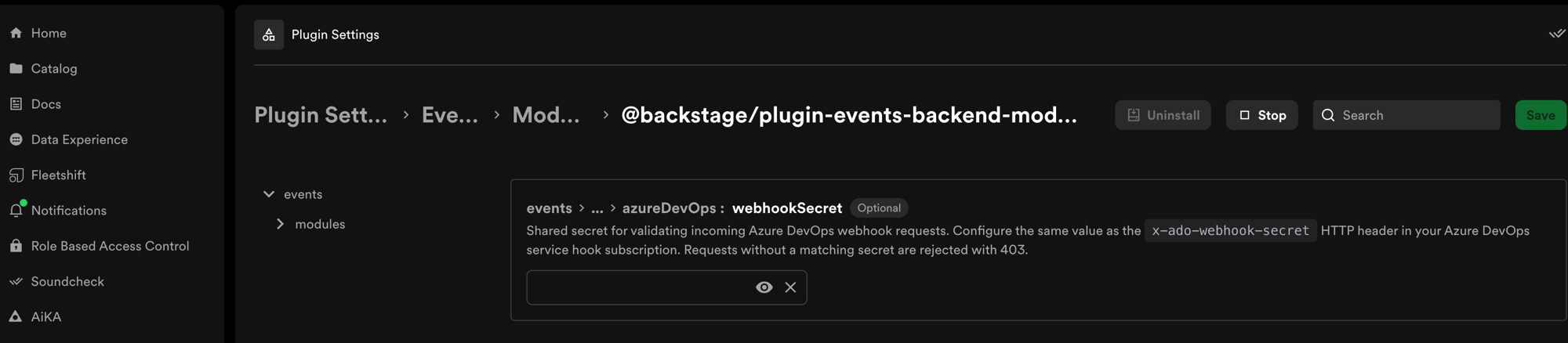 Plugin Settings page showing the Azure DevOps events module with
webhookSecret field