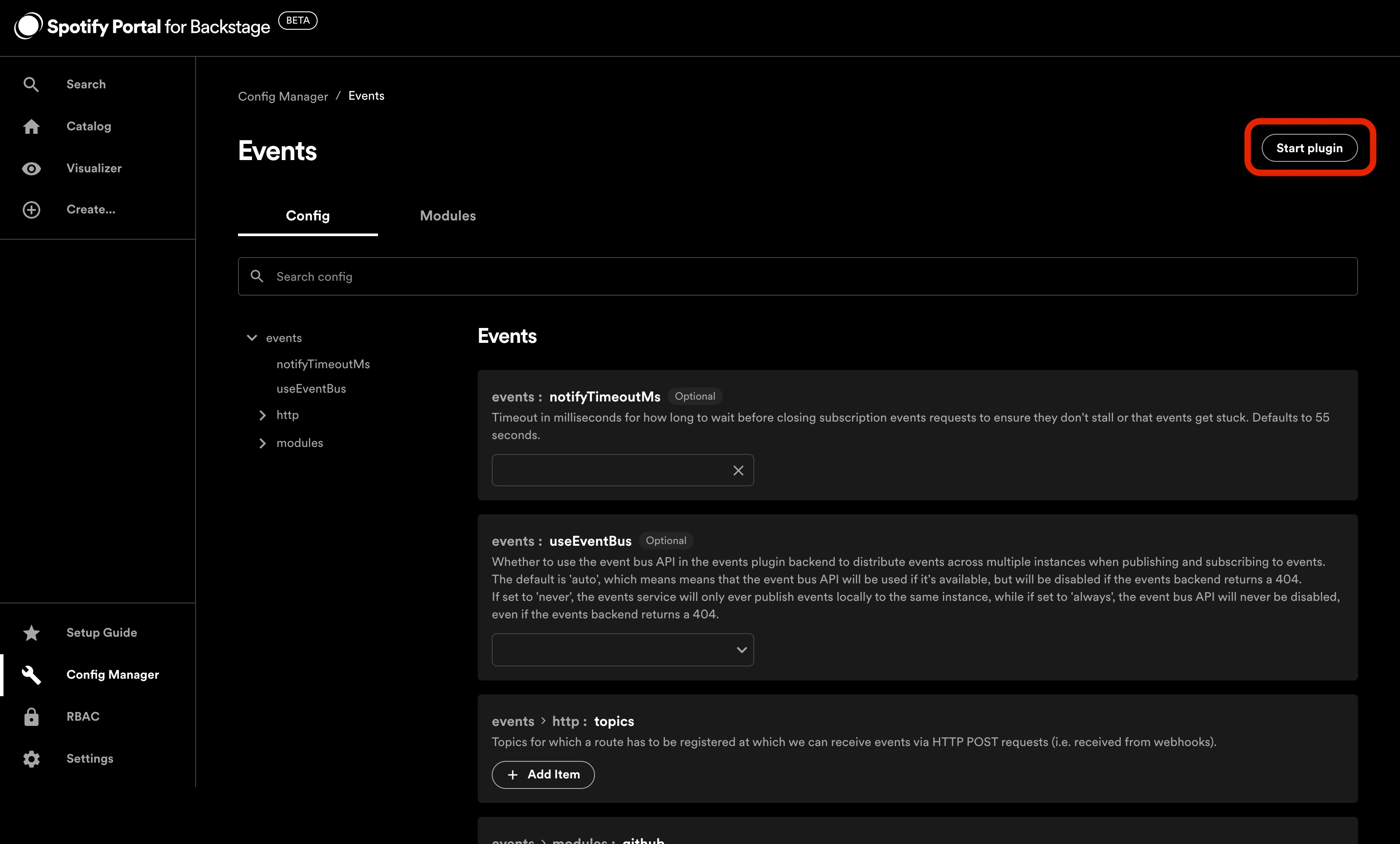 Config Manager Events plugin page with Start Plugin button
highlighted