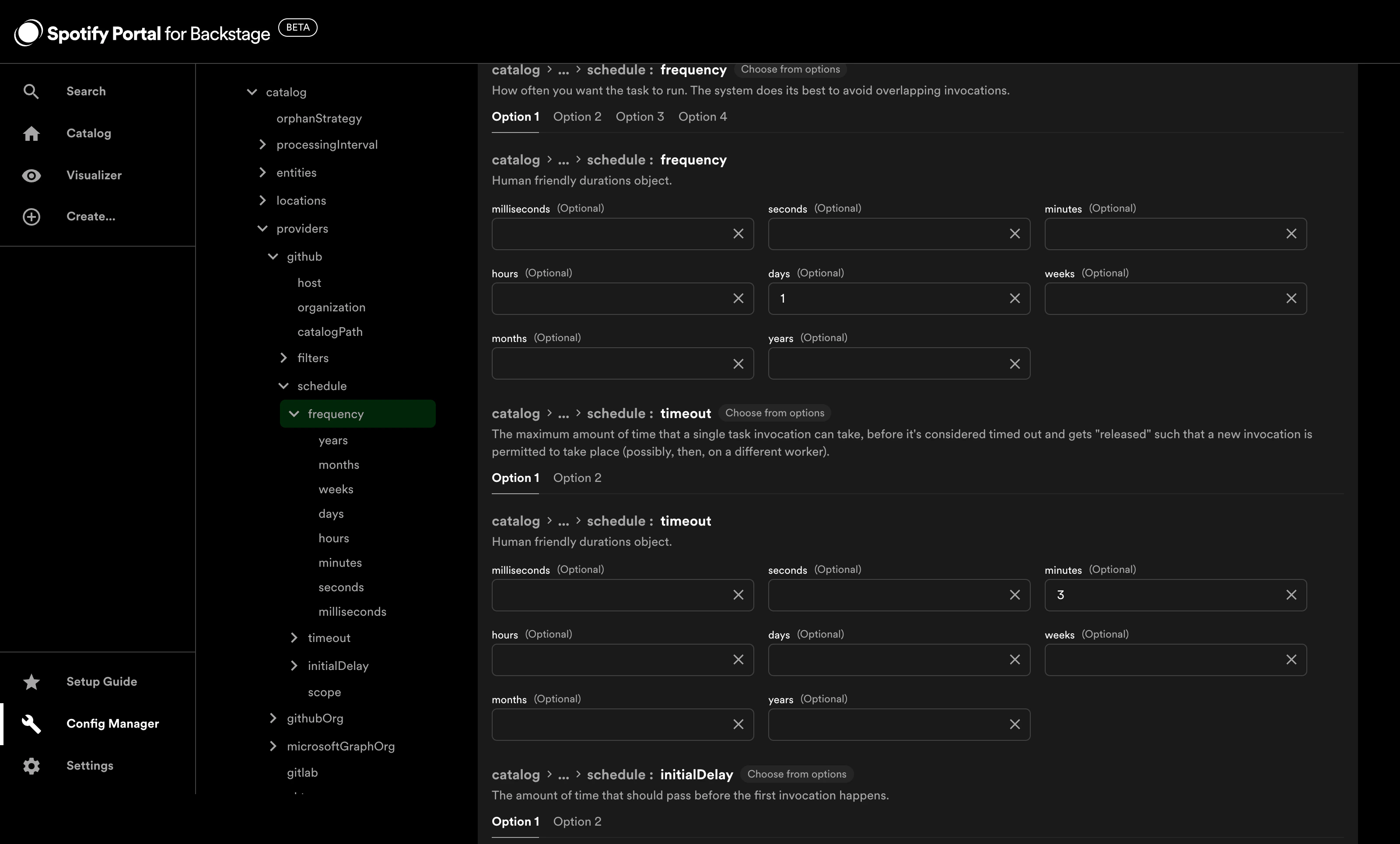 Config Manager Catalog plugin page showing schedule.frequency and
schedule.timeout fields